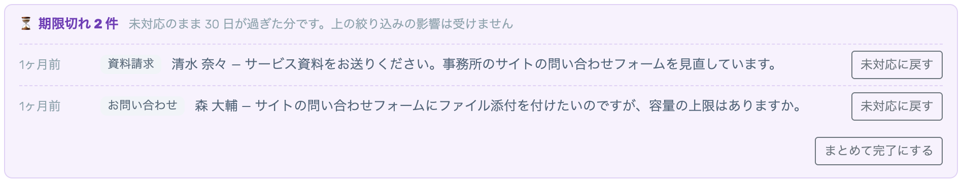 ボード上部の期限切れを開いた状態。2件の問い合わせに「未対応に戻す」ボタンがあり、下に「まとめて完了にする」ボタンがある